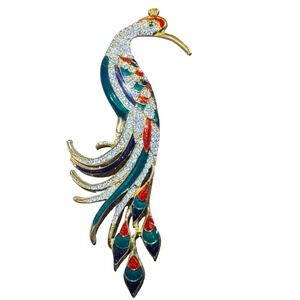 Gold Tone Phoenix Bird Brooch Pavé Rhinestone Teal Blue Red Enamel Figural Pin